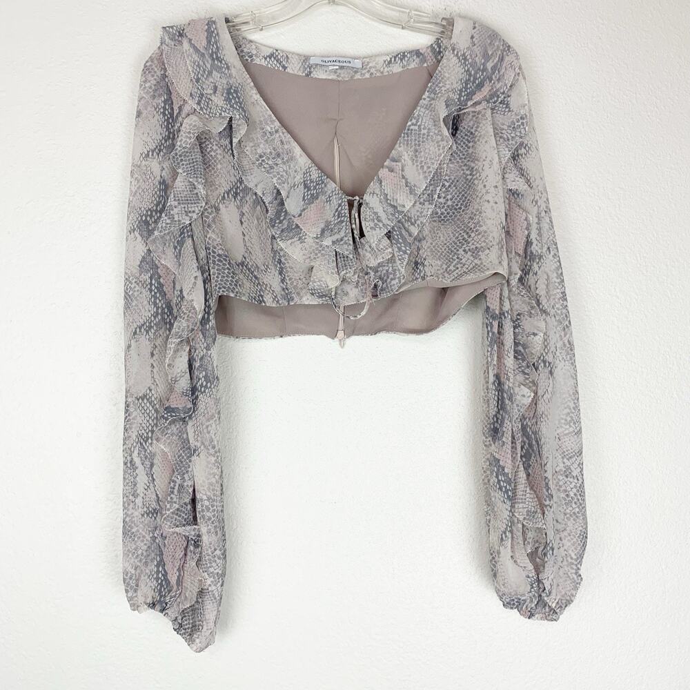 Olivaceous Crop‎ Top Shirt Womens L Multicolor Snakeskin Sheer Peasant Sleeves